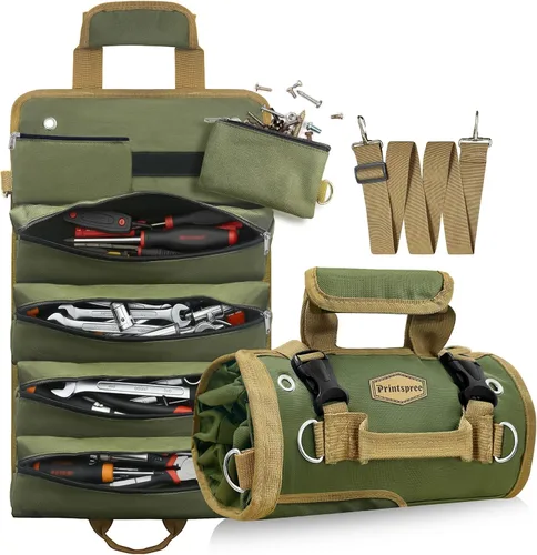 Organizador de rollos de herramientas de lona resistente, bolsa multiusos para llaves con 6 bolsillos con cremallera, almacenamiento compacto para