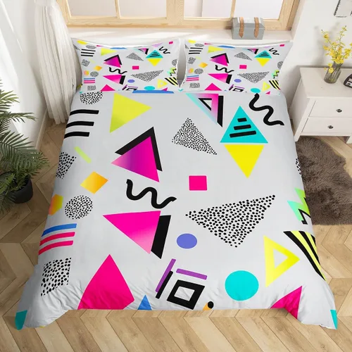 Miniatura 31 de Juego de funda de edredón retro de los años 80 y 90 para hombres y niños, tamaño matrimonial, con formas geométricas redondas triangulares, funda