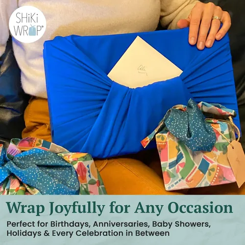 Miniatura 5 de SHIKIWRAP Envoltura de regalo de tela reutilizable – Pequeño 18 pulgadas azul profundo ecológico reversible, envoltura de tela Furoshiki elástica