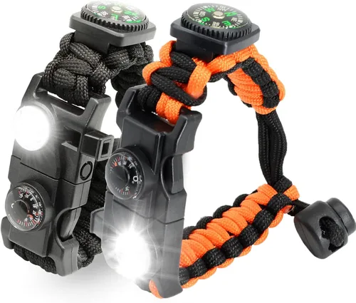 Miniatura 12 de Brazalete de paracord de supervivencia 20 en 1, kit de equipo ajustable con luz LED SOS, arrancador de fuego, brújula más grande, silbato de Negro