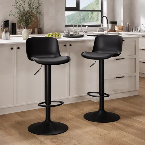Miniatura 3 de YOUTASTE Juego de 2 taburetes de bar totalmente negros, taburetes de bar giratorios ajustables con respaldo, asientos de silla de bar acolchados