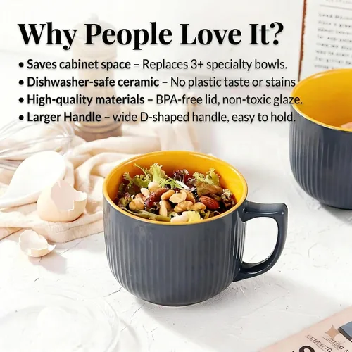 Miniatura 7 de Tazón de sopa de cerámica con asa de 32 onzas – Tazón de ramen para microondas con tapa, tazas y tazas de sopa para cereales, avena, ramen, fideos
