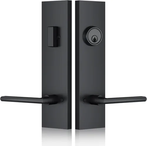 Manija de Puerta Delantera Negro Mate – Juego de Cerradura de Puerta de Entrada Moderna con Pestillo, Palanca de Puerta Exterior 3 Llaves para