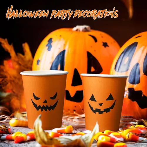 Miniatura 6 de Lallisa 100 vasos desechables de Halloween de 9 onzas, tazas de papel de calabaza naranja, tazas de café para café, agua, jugo, bebidas calientes