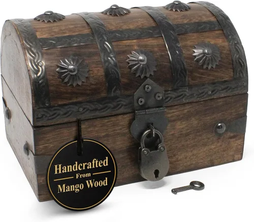 Miniatura 10 de Nautical Cove - Cofre del tesoro pirata con cerradura de hierro y llave de esqueleto, caja de almacenamiento y decoración (S, 8 x 6 x 6)