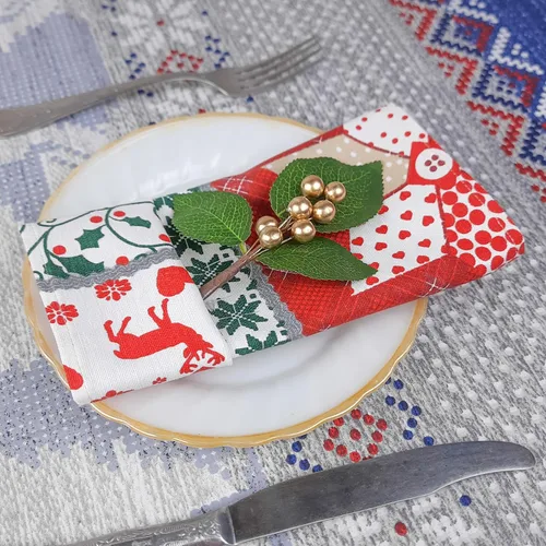 Miniatura 4 de Christmas Print Napkins Set of 10, Red and Green Christmas table decor, fabric dinner table napkins with Christmas Simbols, Farmhouse Christmas