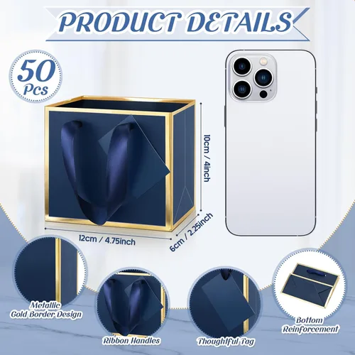 Miniatura 2 de Yeaqee 50 mini bolsas de regalo de papel metálico con asa de 4.75 x 2.25 x 4 pulgadas, pequeña bolsa de regalo para bricolaje, etiqueta de Azul