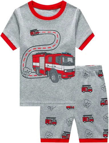 Miniatura 2 de Pijamas de algodón para niños pequeños, conjunto de 2 piezas con diseño de camión de bomberos, ropa de dormir de excavadora, ropa de verano