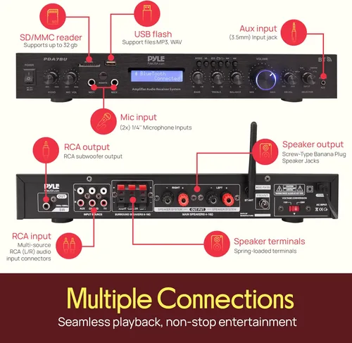 Miniatura 3 de Pyle Receptor amplificador Bluetooth de montaje en rack de 5 canales, amplificador de cine en casa, amplificador de altavoz, transmisión inalámbrica