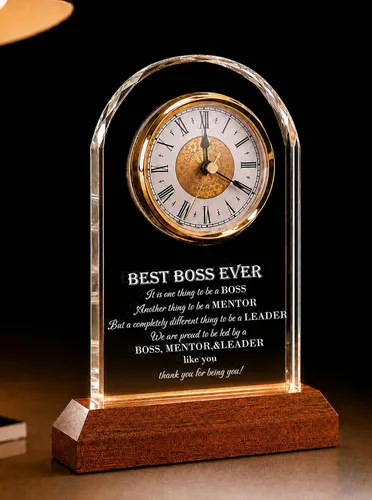 Best Boss Ever Regalos para hombres y mujeres — Reloj de escritorio de cristal con base de luz de madera | Apreciación del jefe y despedida de