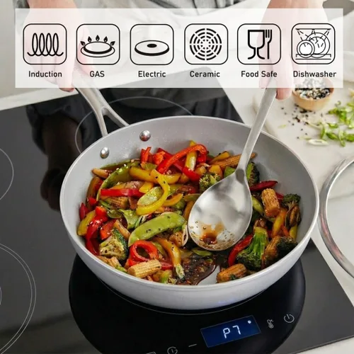 Miniatura 7 de TECHEF - Wok/sartén antiadherente de cerámica CeraTerra de 12 pulgadas con tapa de vidrio, exterior e interior de cerámica libre de PTFE y PFOA