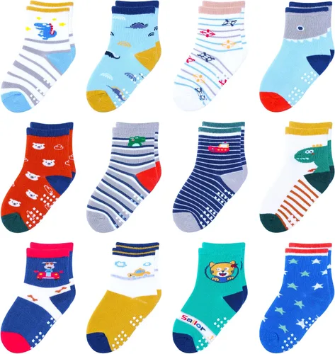 Miniatura 13 de 12 paquetes de calcetines antideslizantes para niños y bebés con agarre para niños de 1-7 años, calcetines de algodón de tripa para niños y niñas
