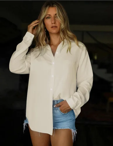 Miniatura 3 de HOTOUCH Camisas de gran tamaño con botones para mujer, blusa de hombro caída para oficina, de manga larga, estilo novio, camisa de vestir