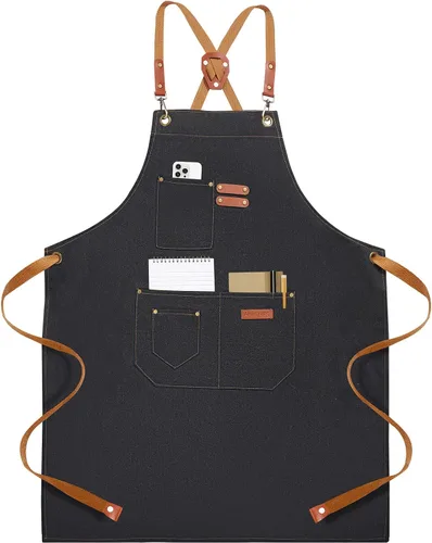 Miniatura 7 de Delantales de chef para hombres y mujeres con 4 bolsillos grandes, lona de algodón con espalda cruzada, delantal ajustable para trabajo, parrilla