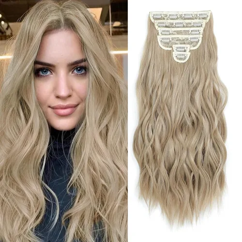 Miniatura 37 de Fliace Extensiones de cabello con clip para mujer, extensiones de cabello ondulado largo de color marrón medio, extensiones de cabello sintético
