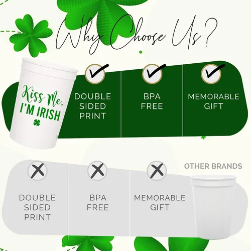 Miniatura 9 de Kiss Me I'm Irish - Juego de tazas de plástico para el día de San Patricio, 12-16 onzas para recuerdos de fiesta y decoraciones temáticas de trébol