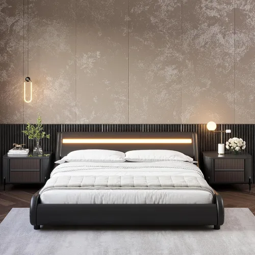 Miniatura 3 de TTVIEW Base de cama LED de perfil bajo de tamaño matrimonial con cabecera ajustable, moderna plataforma tapizada con soporte de listones de madera