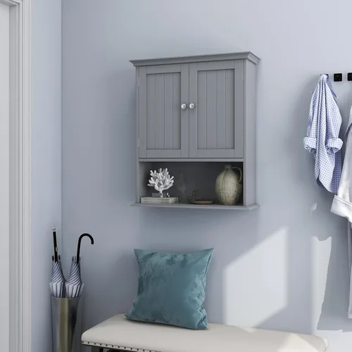 Miniatura 5 de Tangkula Armario de pared de baño, armario colgante de madera con puertas y estantes, gabinete de almacenamiento multiusos para aseo, cocina, sala