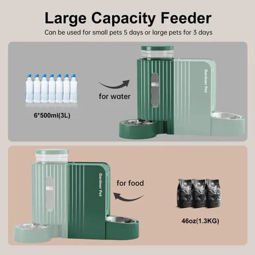 Miniatura 3 de Gardner Pet - Comedero automático para gatos por gravedad y dispensador de agua de acero inoxidable, juego dos en uno de gran capacidad para Verde