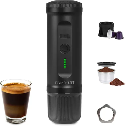 DIVINOCAFFÉ Cafetera portátil para café expreso, cafetera eléctrica con autocalentamiento para viajes y campamentos, máquina de café expreso de 20