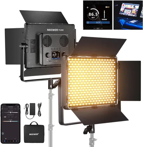 NEEWER Panel LED bicolor de luz de video APP/2.4G/DMX, 60W 26600Lux/1.6 ft 2500K-8500K 13 escenas V alimentado por batería, iluminación para estudio