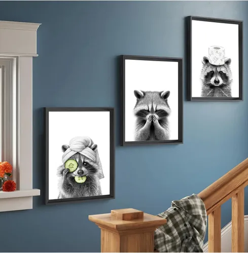 Miniatura 2 de Adorable póster artístico de mapache para baño, divertido póster de decoración de pared en blanco y negro, impresiones en lienzo de animales lindos