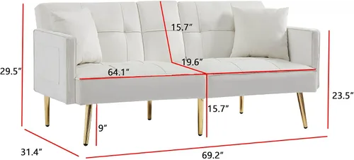 Miniatura 2 de Sofá cama tipo futón convertible de 69 pulgadas, 2 portavasos de terciopelo moderno con patas de metal, bolsillo lateral, sofá biplaza tapizado