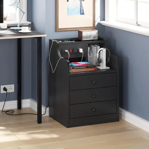 Miniatura 5 de ADORNEVE - Mesita de noche con estación de carga, mesita negra para dormitorio, mesa auxiliar con aparador y cajones de almacenamiento