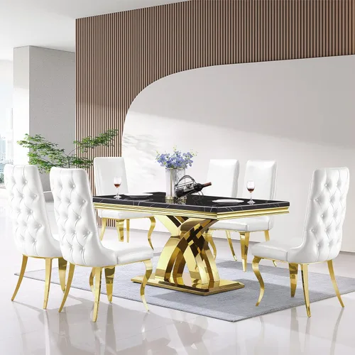 Miniatura 2 de AUZ Sillas de comedor blancas y doradas, sillas tapizadas de piel sintética blanca con respaldo copetudo y patas curvadas de acero inoxidable