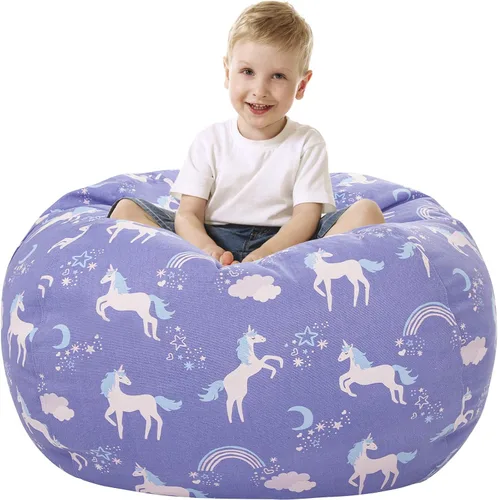 Miniatura 7 de Aubliss Puf de Almacenamiento de Animales de Peluche, Silla Puf de Unicornio, Stuff 'n Sit para Niños, Mediano 32" - Lona Unicornio Azul Azul