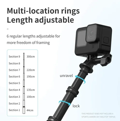 Miniatura 6 de TELESIN Poste largo para selfie stick invisible 3M/118 pulgadas fibra de carbono monopie para DJI Action 6 5 Pro 4 3 Osmo Nano 360 Pocket 4 3 GoPro