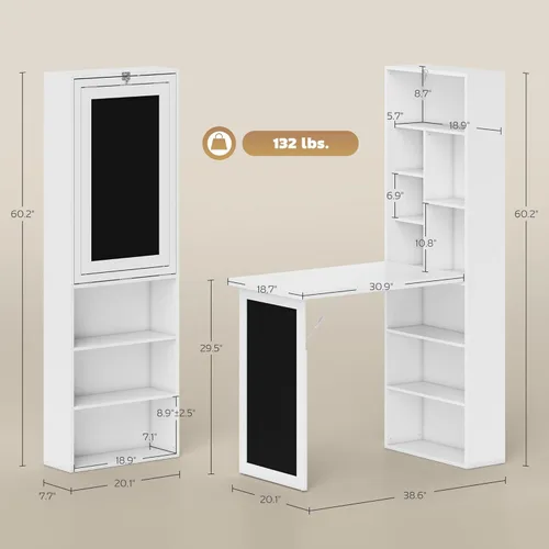 Miniatura 3 de HOMCOM Escritorio plegable convertible con pizarra, escritorio de computadora montado en la pared que ahorra espacio con estantes de almacenamiento