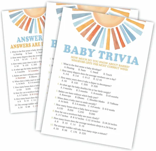 Miniatura 5 de Name That Baby Song Baby Shower Juego Kit – Acuarela Retro Sun – 30 tarjetas de juego de relleno de doble cara para baby shower, revelación