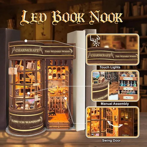 Miniatura 6 de Kit de rincón de libros para adultos y adolescentes, kit de casa en miniatura con luz LED, rompecabezas de madera 3D para adultos, regalos de madera
