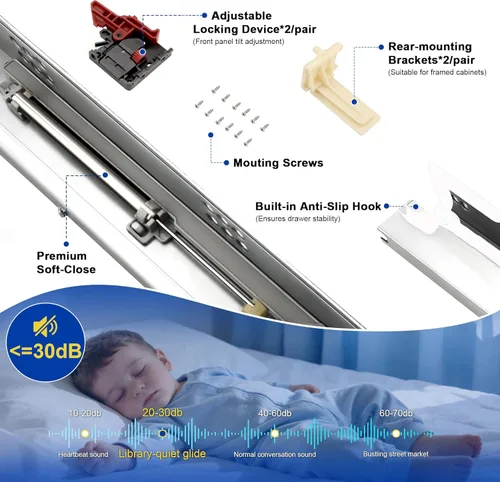 Miniatura 3 de Knobonly 1 par de correderas de cajón de 18 pulgadas de cierre suave, cajones de gabinete de montaje inferior de extensión completa, chapados