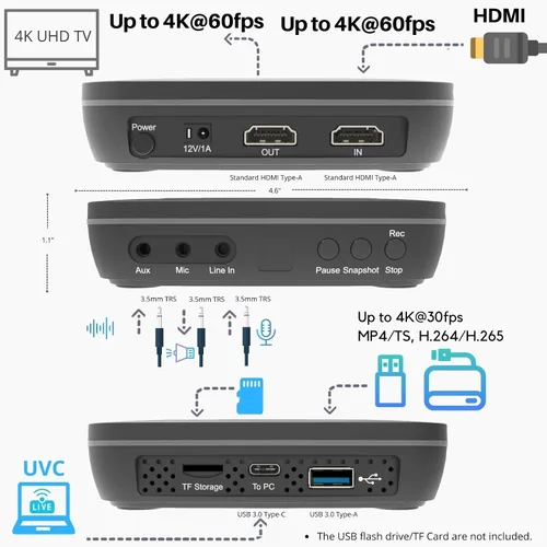 Miniatura 9 de ClonerAlliance UHD Pro, grabadora de video 4K, DVR de captura HDMI con códec H.265/H.264, grabación cinemática de 4K a 24 fps (hasta 4K @30 fps),
