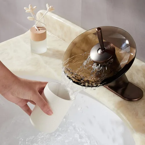 Miniatura 4 de Grifo de baño cascada de latón macizo de vidrio de una sola manija de un solo agujero lavabo lavabo grifo de baño, corto, bronce aceitado Bronce