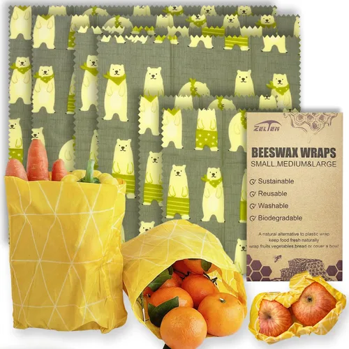 Miniatura 21 de Zelten Envolturas reutilizables de cera de abejas (3 paquetes, 3 tamaños S, M, L) sin plástico y silicona, envoltura ecológica, papel de cera