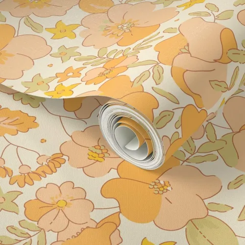 Miniatura 2 de Papel tapiz para despegar y pegar, diseño floral vintage de los años 70, flores amarillas melocotón, papel tapiz extraíble personalizado Spoonflower