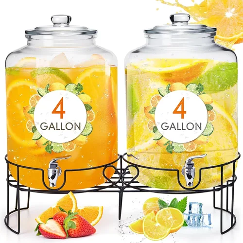 Miniatura 9 de Honeydak Dispensador de bebidas de vidrio de 3 galones para fiestas, dispensador de bebidas de vidrio con soporte y espita a prueba de fugas