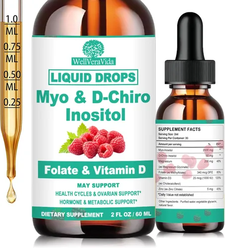 Myo Inositol & D-Chiro Inositol Suplemento líquido para mujeres - Ideal 40:1 relación gotas de inositol con MTHF Folato, magnesio, vitamina D, apoya