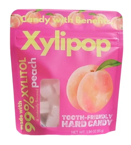Xylipop Melocotón - Caramelo de xilitol apto para los dientes, fabricado con 3 ingredientes orgánicos, sin azúcar y vegano, tratamiento seguro para
