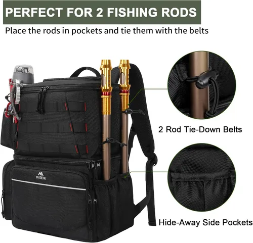 Miniatura 4 de MATEIN Mochila para Pesca, Bolsa de Equipo de Pesca Resistente al Agua con Soportes para Caña de Pescar y Enfriador, Regalos de Equipo para Hombres