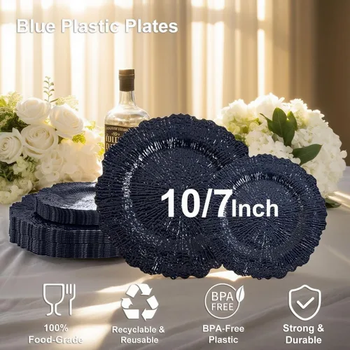 Miniatura 9 de DaYammi 60 platos de plástico azul – Platos azul oscuro desechables – Platos de plástico resistentes para fiestas, incluyendo 30 platos llanos, 30