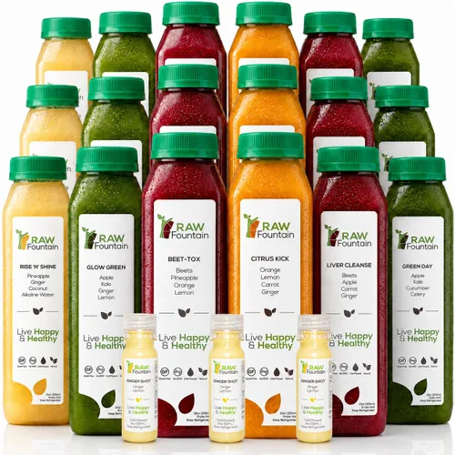 Limpieza de jugo de 3 días de Raw Fountain, limpieza natural de desintoxicación cruda, jugos de frutas y verduras prensados en frío, sabrosos y