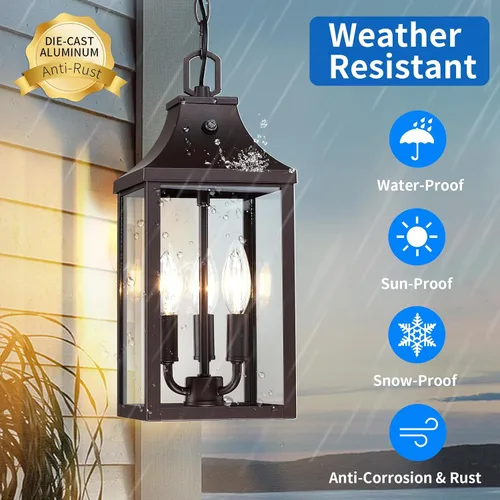 Miniatura 4 de Lámpara colgante grande de 15.5 pulgadas para exteriores, 3 luces, del atardecer al amanecer, lámpara colgante para exteriores, lámpara colgante