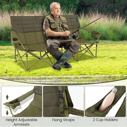 Miniatura 7 de Goplus Silla de campamento para 3 personas para adultos, silla plegable de gran tamaño para exteriores baja con portavasos y acolchado grueso, silla