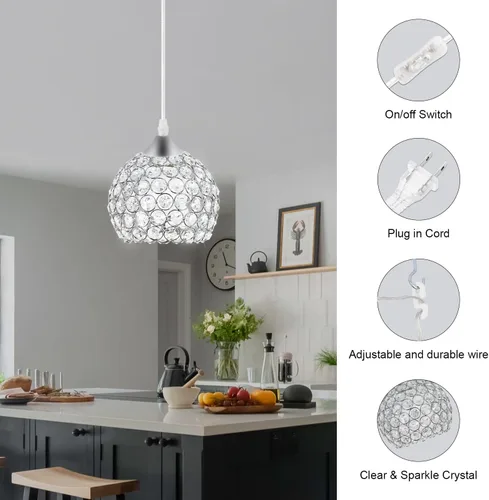 Miniatura 9 de TISLYCO - Lámpara de araña de cristal con enchufe y cable largo de 13.12 pies y interruptor de encendido/apagado, lámparas colgantes con enchufe