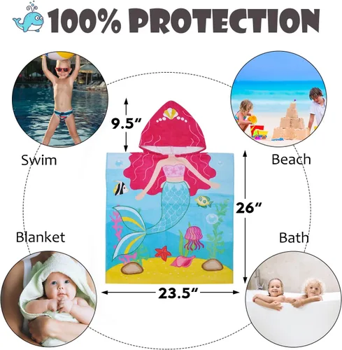 Miniatura 7 de Tirrinia Toalla de poncho de sirena para niños, toallas con capucha para niñas de 2 a 7 años, regalo de 24 x 52 pulgadas, 100% algodón