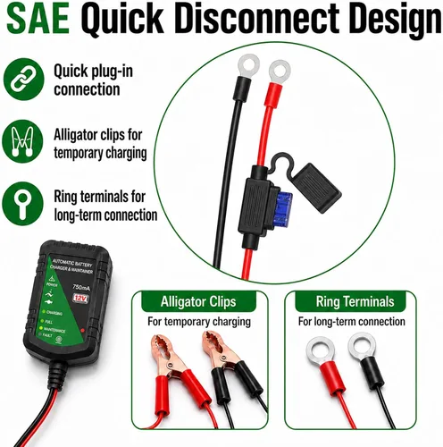 Miniatura 6 de Unocho Cargador de batería de 12 V 750 mA Mantenedor automático de goteo y flotador para baterías de plomo-ácido, desconexión rápida SAE con clips
